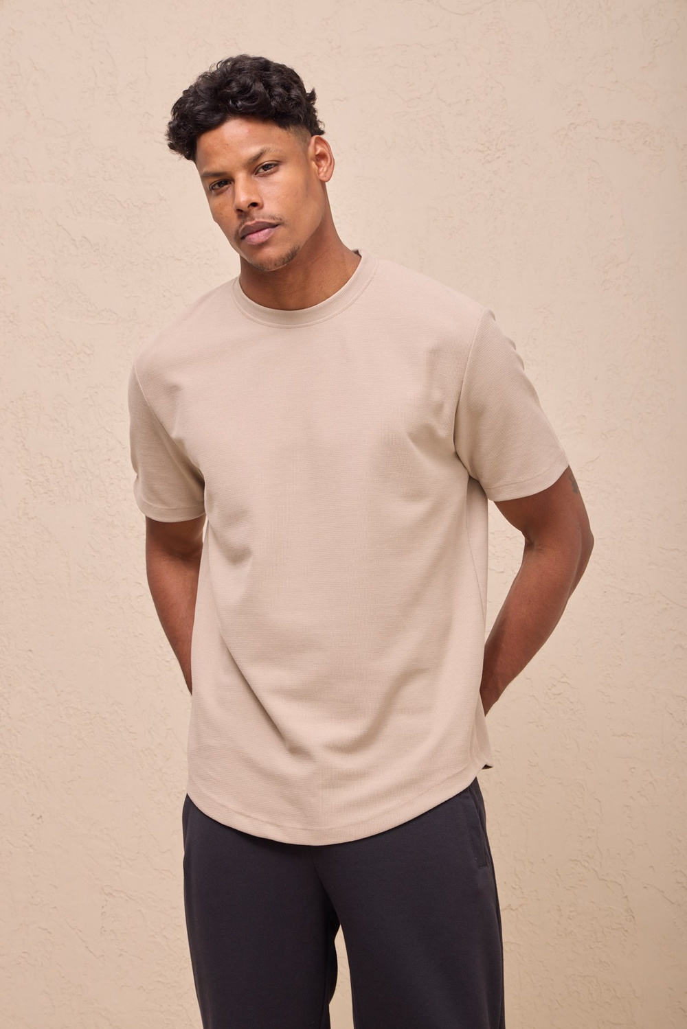 Wholesale Mens Light Beige Regular Fit Double-Knit Crew-Neck T-Shirt