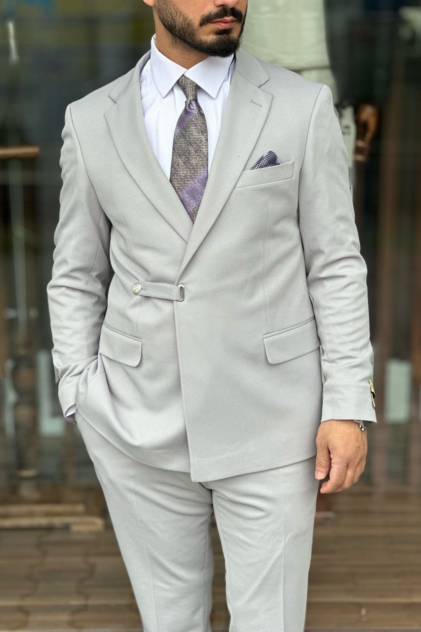Wholesale Men's Light Gray Plus Size Two-Piece Suit 1744W26-043