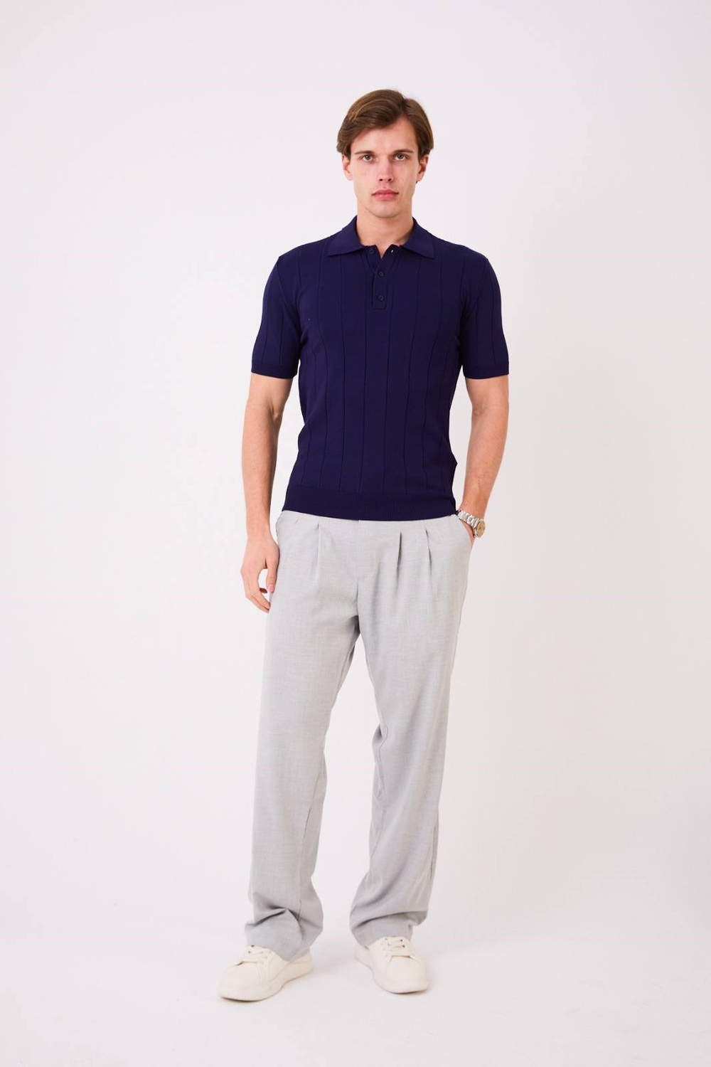 Wholesale Mens Navy Knit Polo T-Shirt