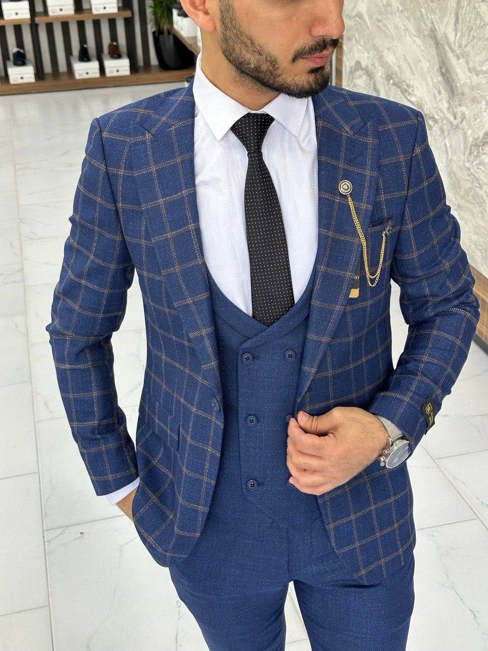 Wholesale Men's Sax Blue Three-Piece Suit 1744W26-012