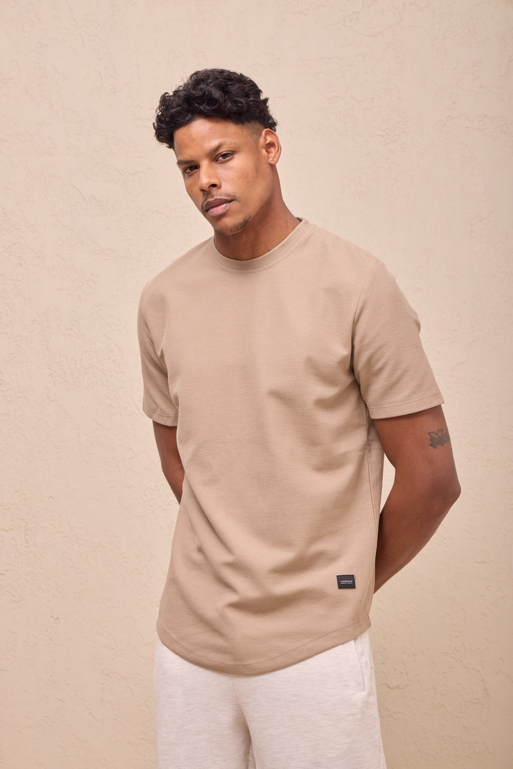 Wholesale Mens Soft Beige Regular Fit Double-Knit Crew-Neck T-Shirt