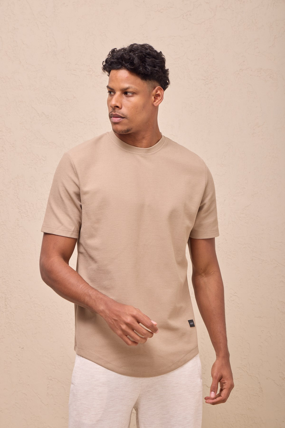Wholesale Mens Soft Beige Regular Fit Double-Knit Crew-Neck T-Shirt
