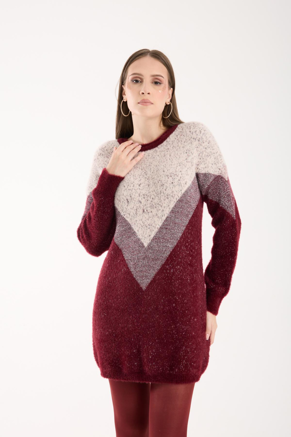Wholesale Women Burgundy Two-Tone Crew-Neck Lurex Knit Blouse