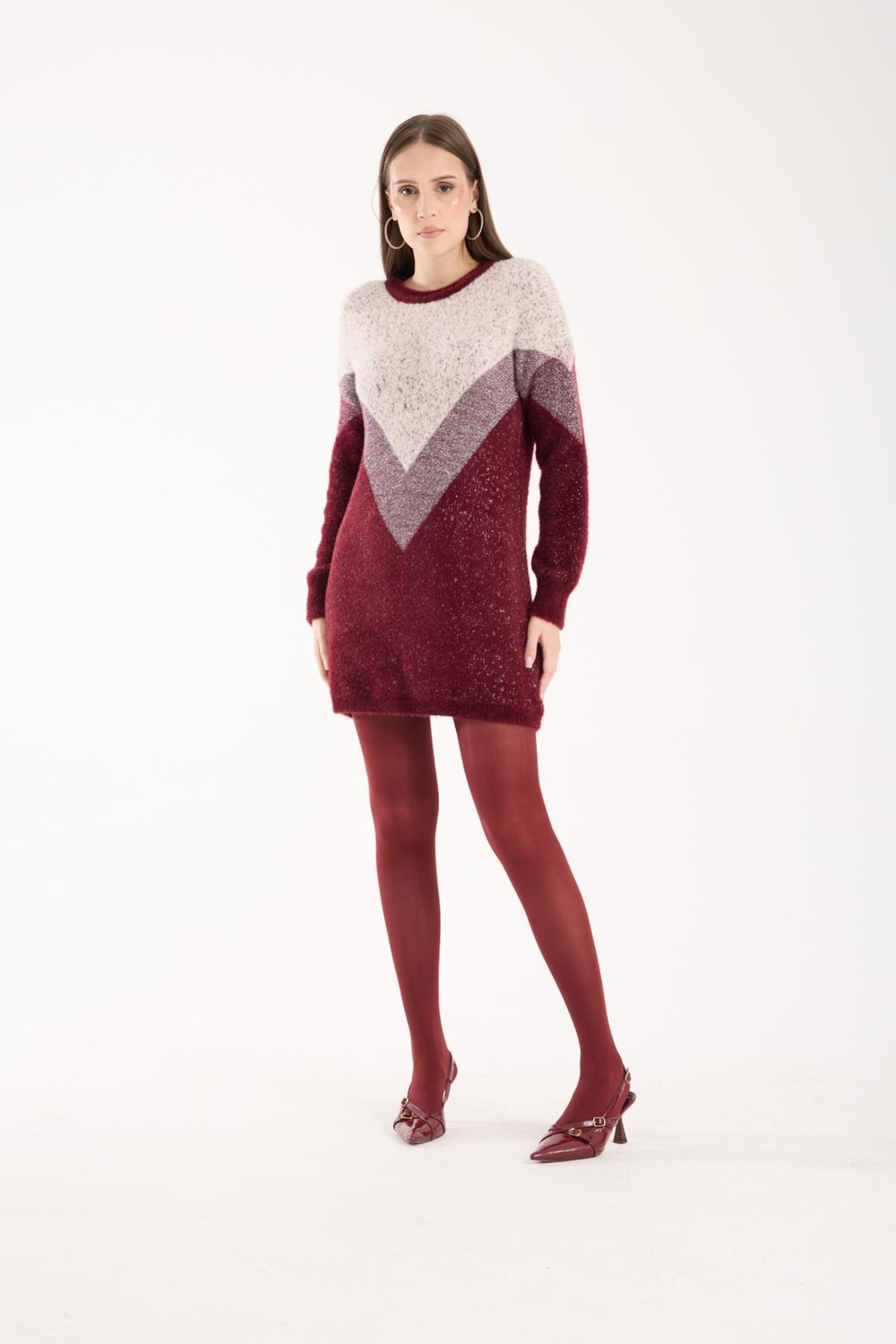 Wholesale Women Burgundy Two-Tone Crew-Neck Lurex Knit Blouse