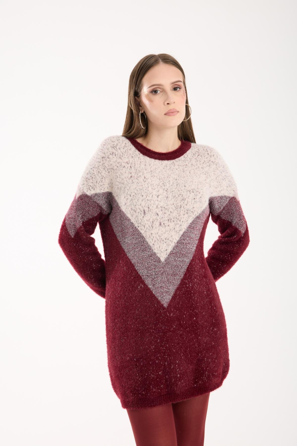 Wholesale Women Burgundy Two-Tone Crew-Neck Lurex Knit Blouse
