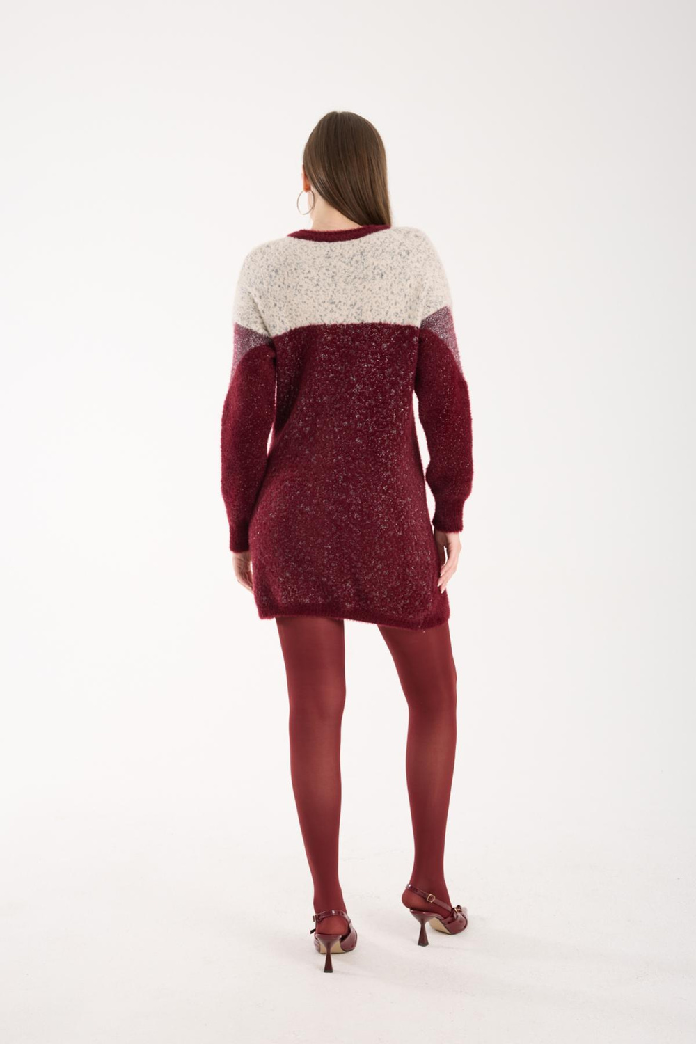 Wholesale Women Burgundy Two-Tone Crew-Neck Lurex Knit Blouse