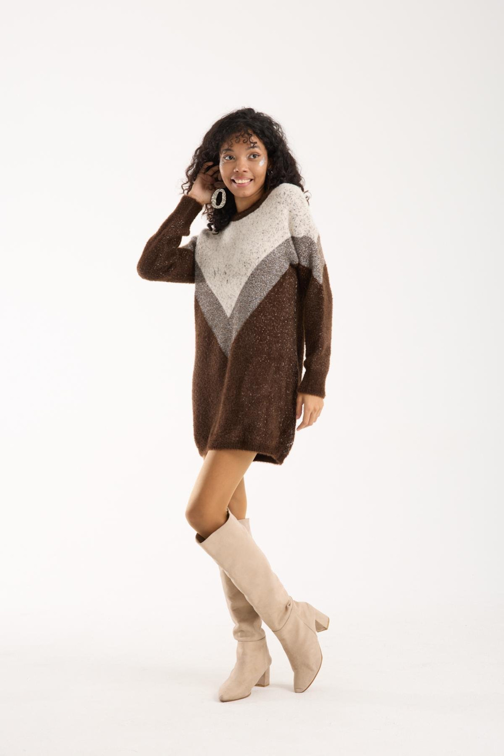 Wholesale Women Dark Brown Two-Tone Crew-Neck Lurex Knit Blouse