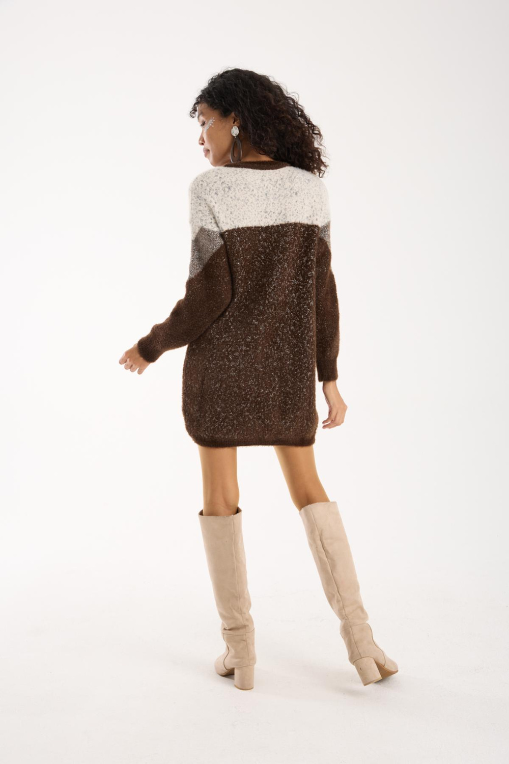 Wholesale Women Dark Brown Two-Tone Crew-Neck Lurex Knit Blouse