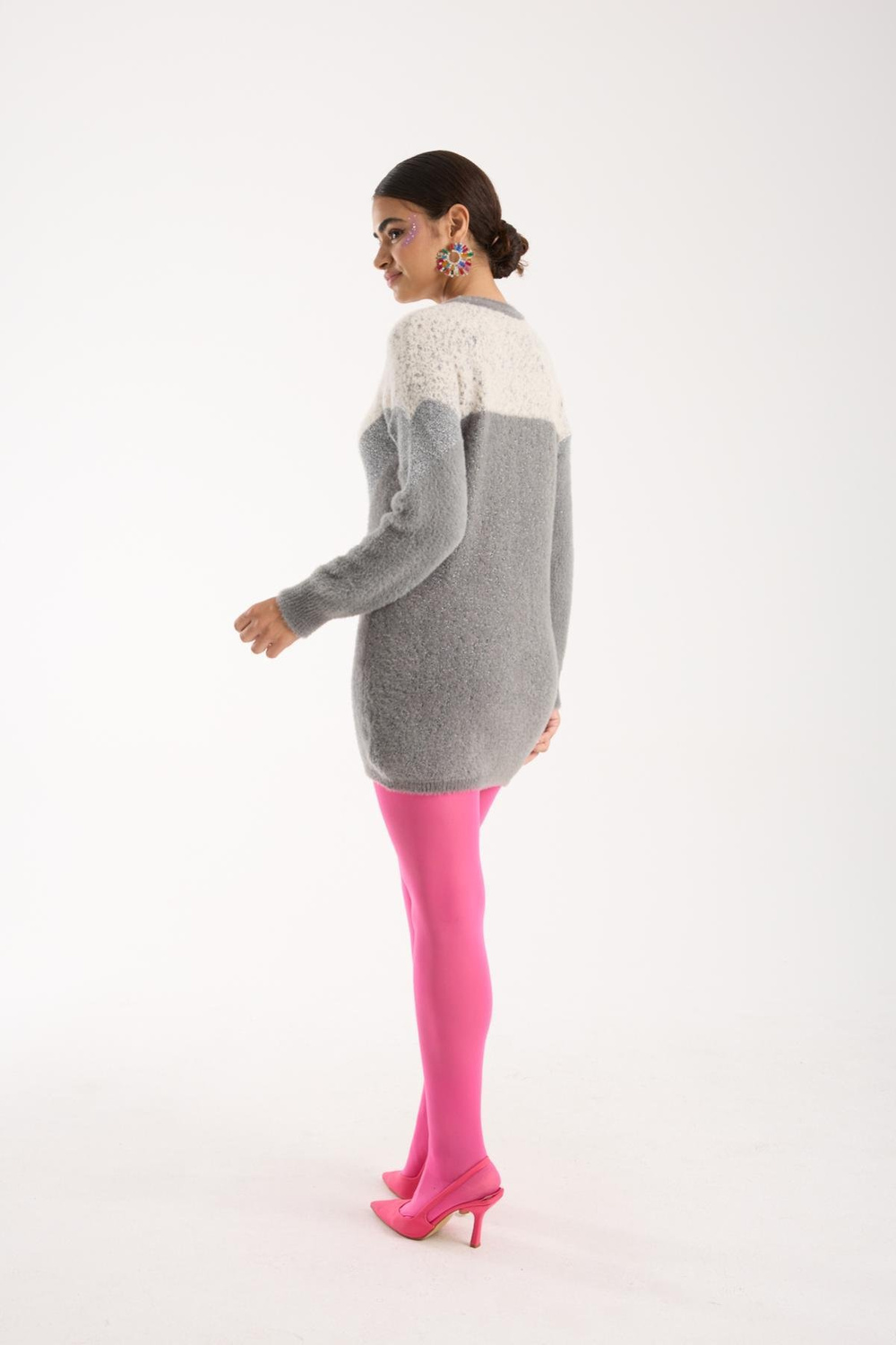 Wholesale Women Gray Two-Tone Crew-Neck Lurex Knit Blouse