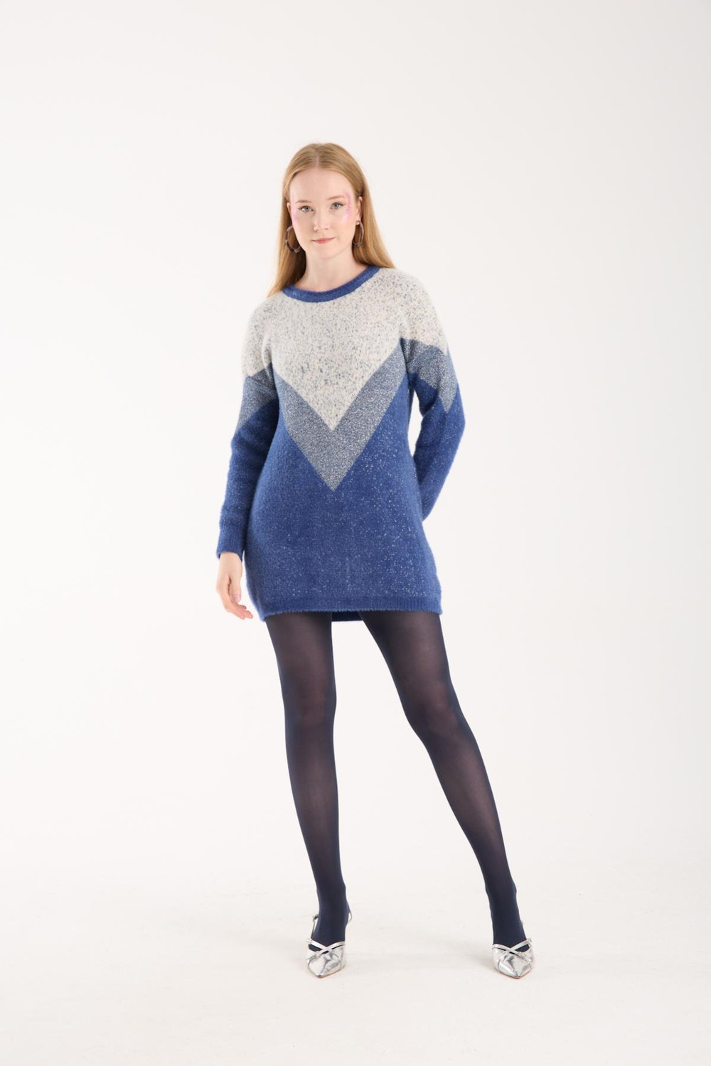 Wholesale Women Indigo Two-Tone Crew-Neck Lurex Knit Blouse