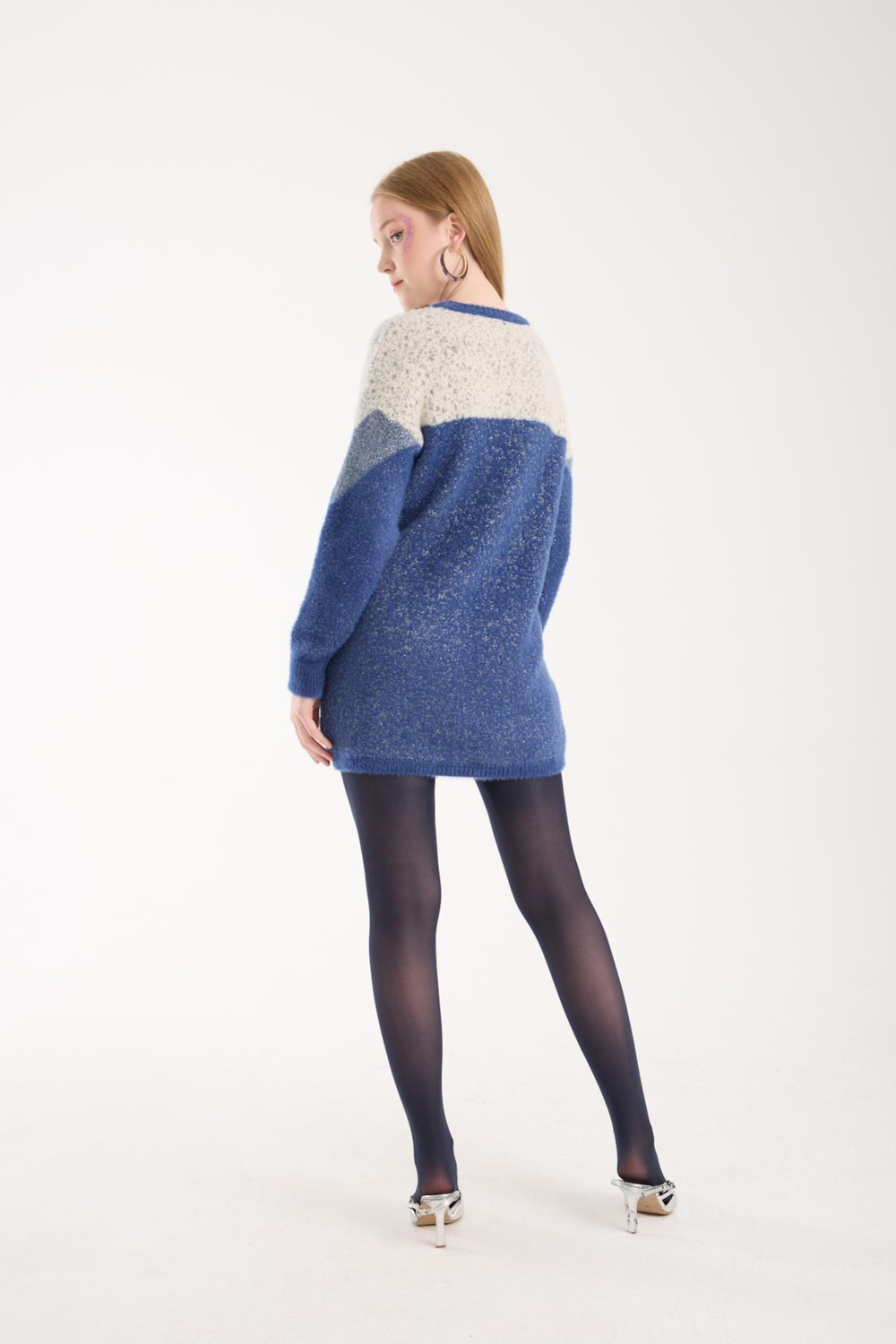 Wholesale Women Indigo Two-Tone Crew-Neck Lurex Knit Blouse