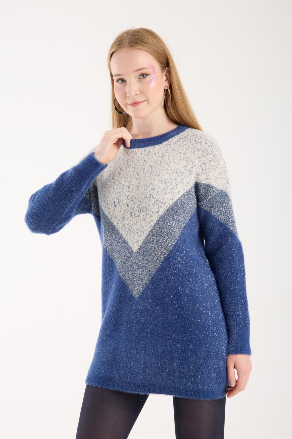 Wholesale Women Indigo Two-Tone Crew-Neck Lurex Knit Blouse