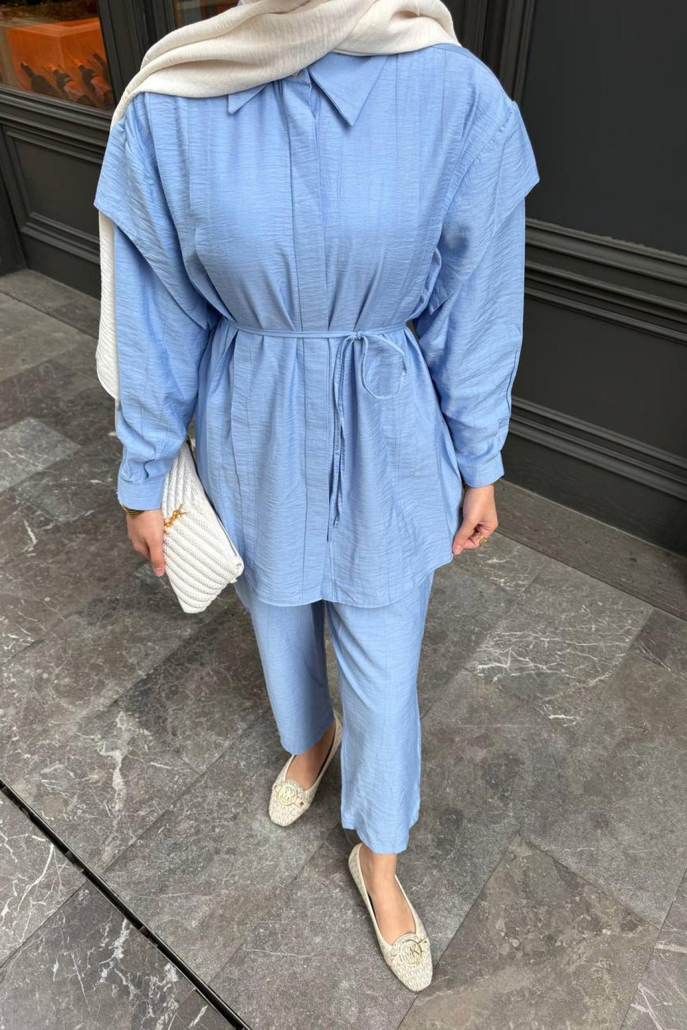 Wholesale Women Light Blue Two Piece Suit Shirt and Pants Set