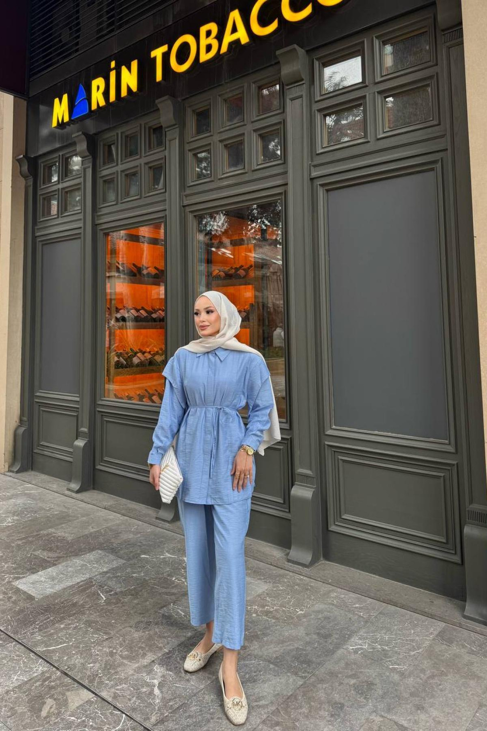 Wholesale Women Light Blue Two Piece Suit Shirt and Pants Set