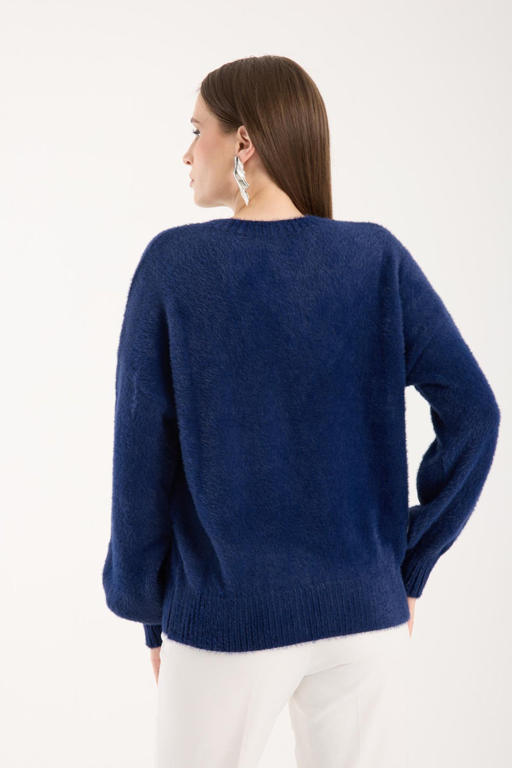 Wholesale Women Navy V-Neck Knit Blouse with Rhinestone and Pearl Embellishments