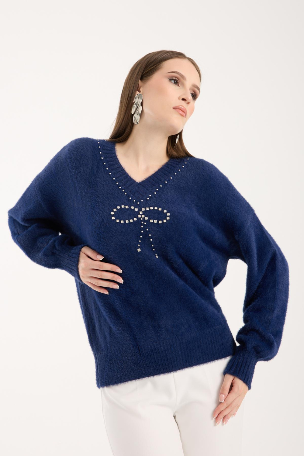 Wholesale Women Navy V-Neck Knit Blouse with Rhinestone and Pearl Embellishments