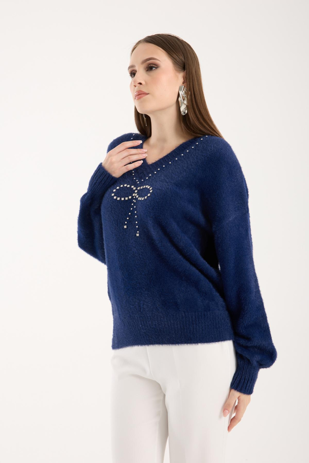 Wholesale Women Navy V-Neck Knit Blouse with Rhinestone and Pearl Embellishments