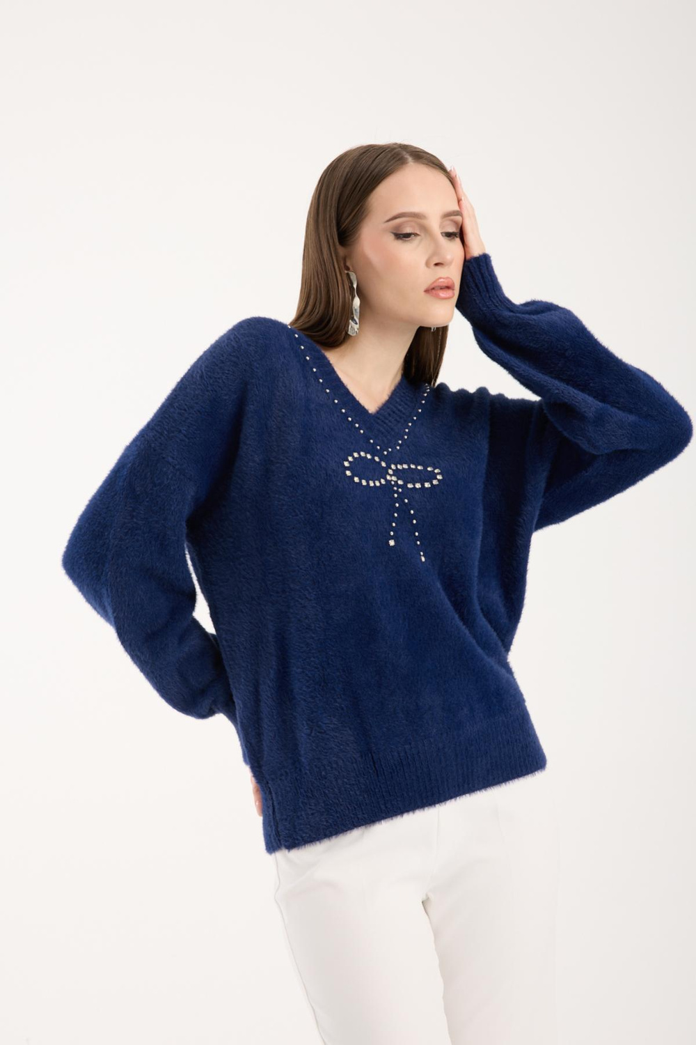 Wholesale Women Navy V-Neck Knit Blouse with Rhinestone and Pearl Embellishments