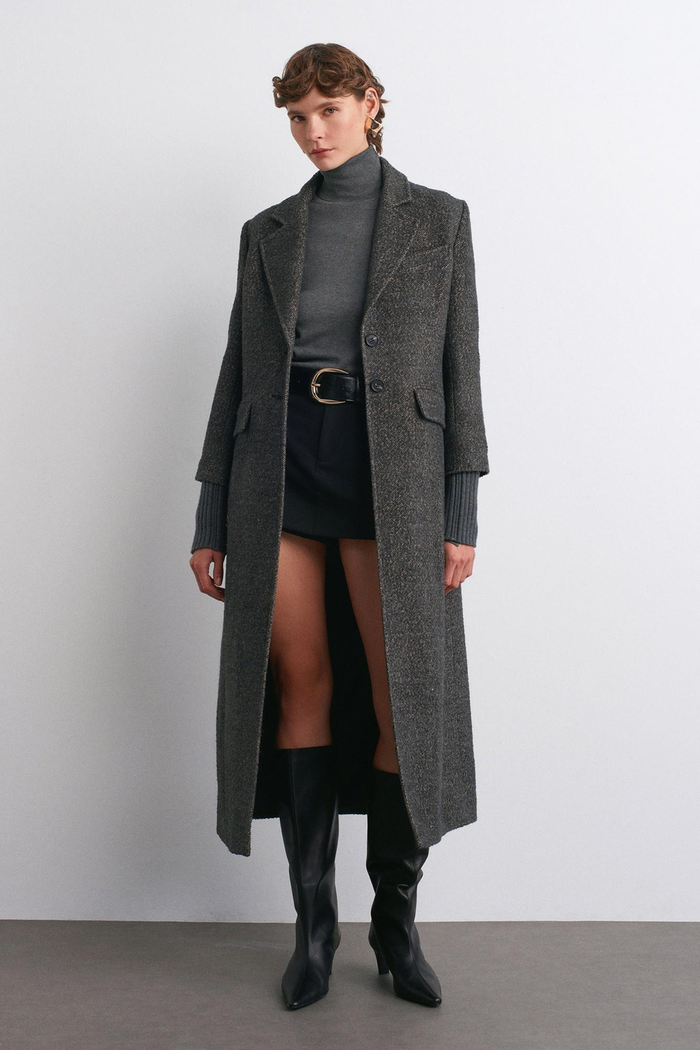 Wholesale Womens Anthracite Long Coat with Knitted Sleeves