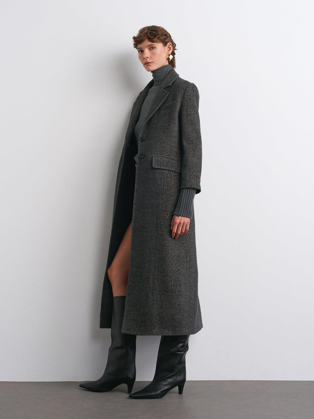 Wholesale Womens Anthracite Long Coat with Knitted Sleeves