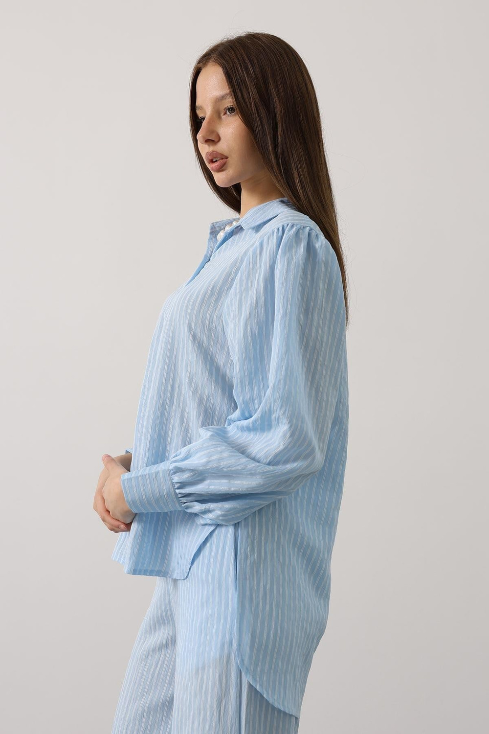 Wholesale Womens Baby Blue Striped Two-Piece Set – Shirt and Pants