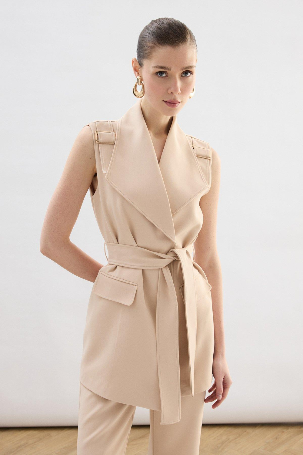 Wholesale Womens Beige Flap Pockets Waistcoat with Belt