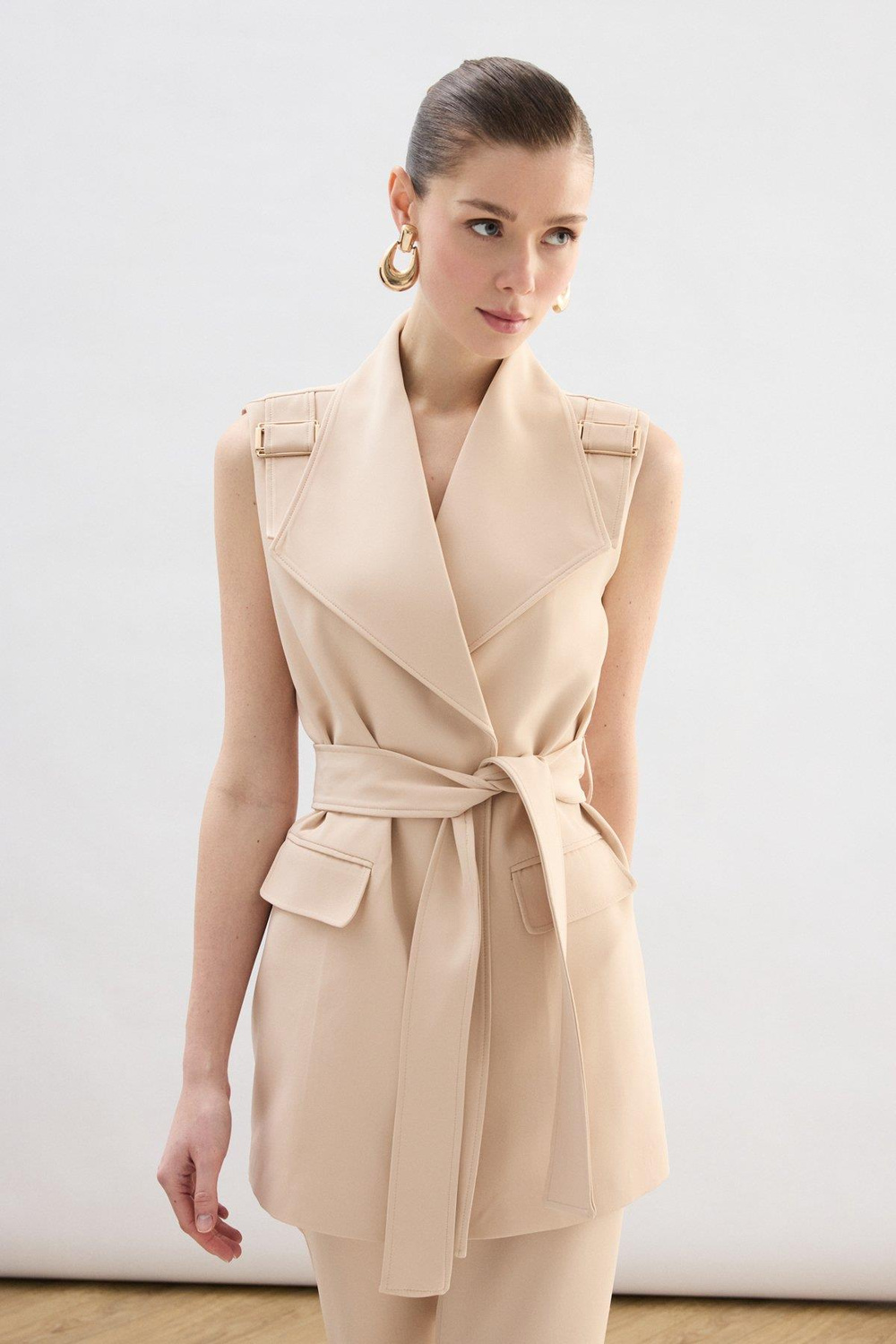 Wholesale Womens Beige Flap Pockets Waistcoat with Belt