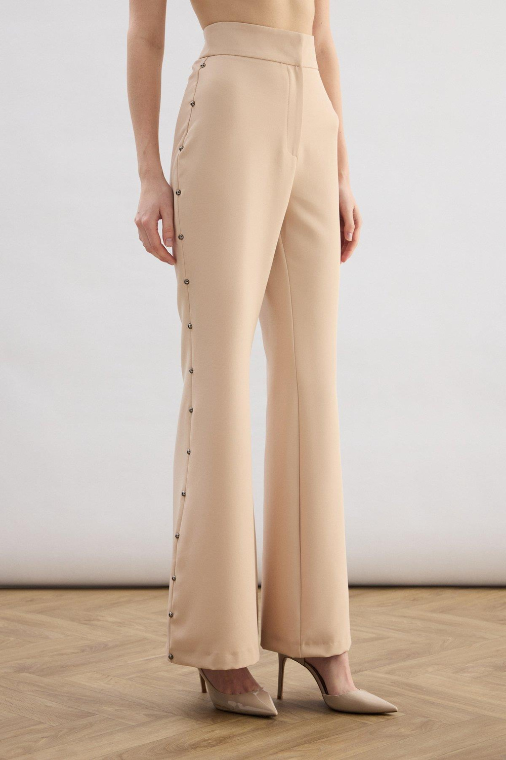 Wholesale Womens Beige Flared Trousers with Pearl Embellishment on the Sides