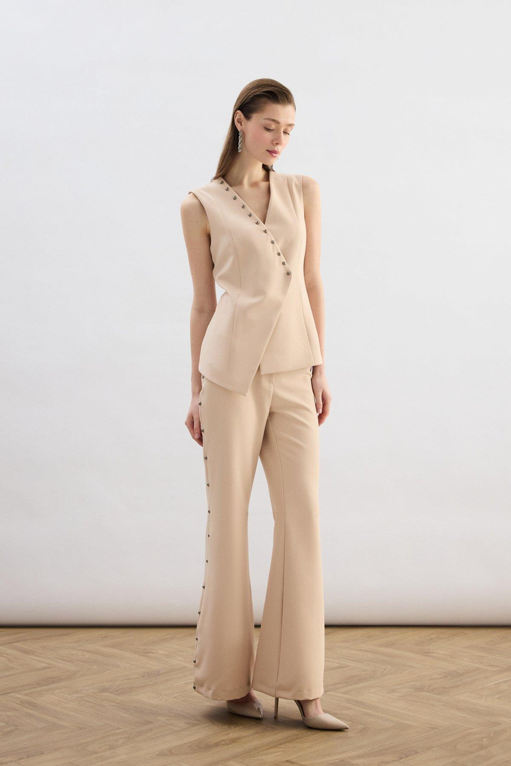 Wholesale Womens Beige Flared Trousers with Pearl Embellishment on the Sides