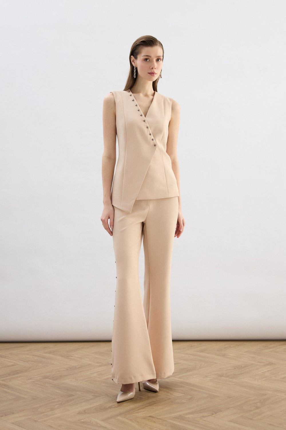 Wholesale Womens Beige Flared Trousers with Pearl Embellishment on the Sides