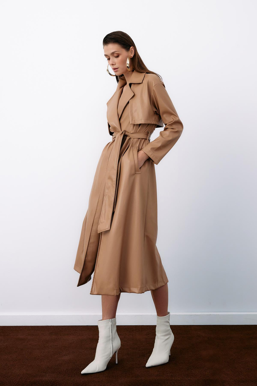 Wholesale Womens Beige Leather Trench Coat