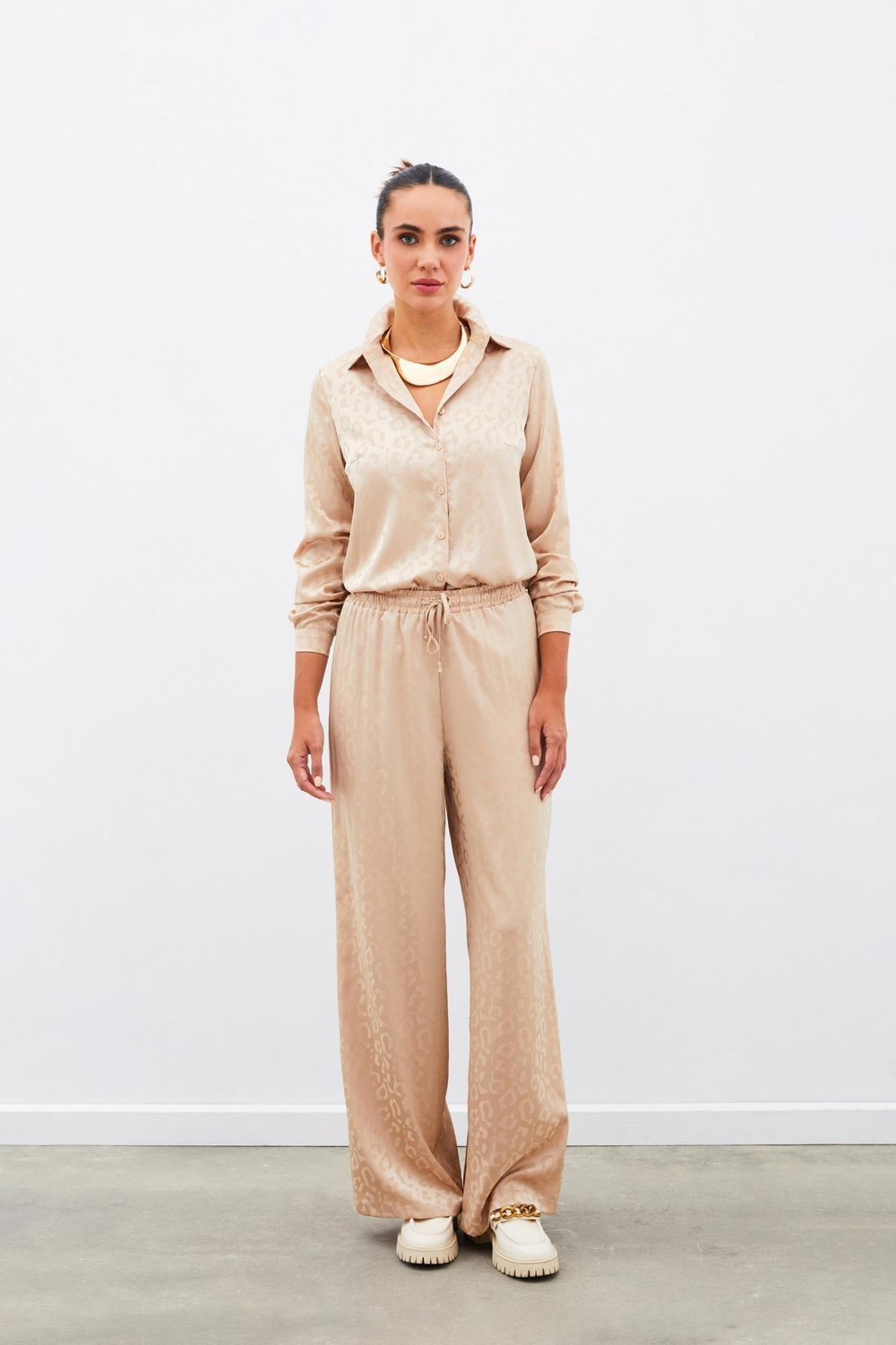 Wholesale Womens Beige Patterned Trousers with Elastic Waist