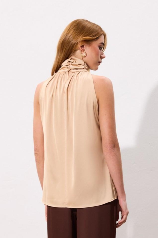 Wholesale Womens Beige Sleeveless Mock-Neck Blouse