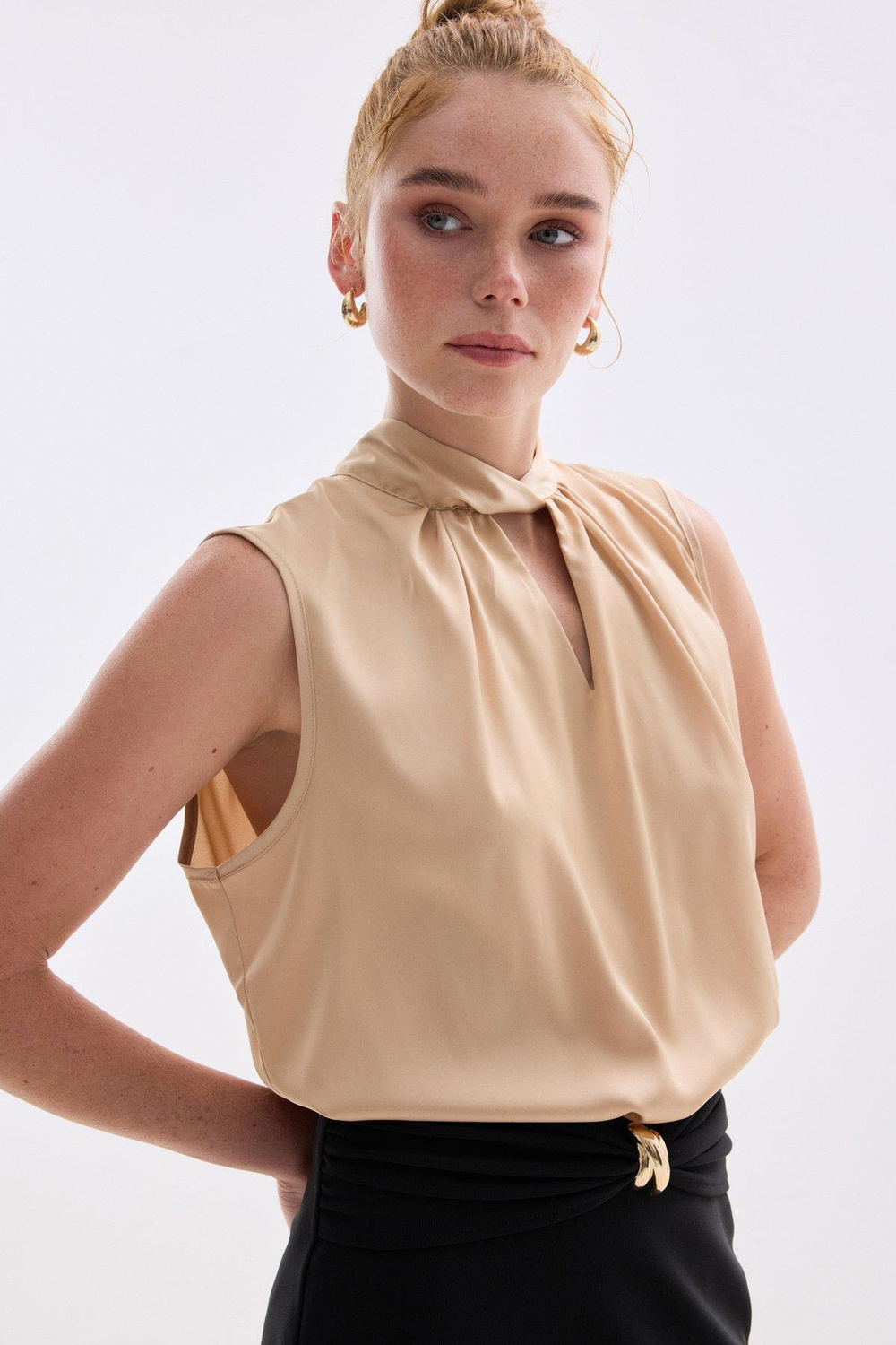 Wholesale Womens Beige Sleeveless Mock-Neck Satin Blouse