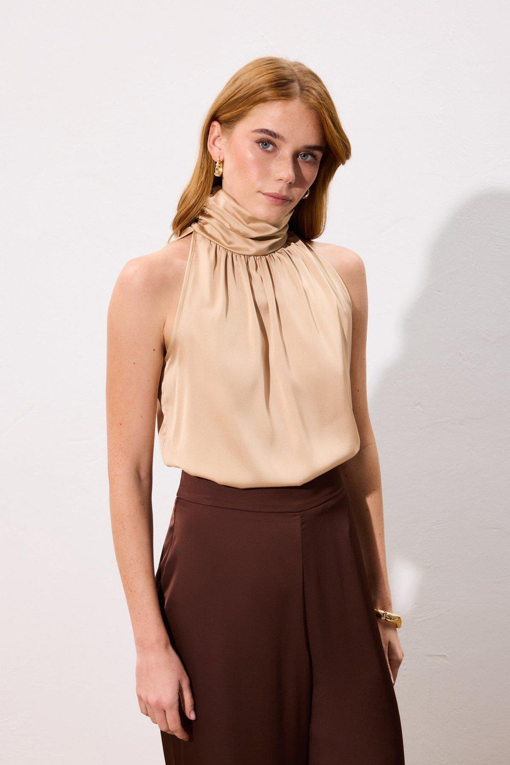 Wholesale Womens Beige Sleeveless Mock-Neck Blouse