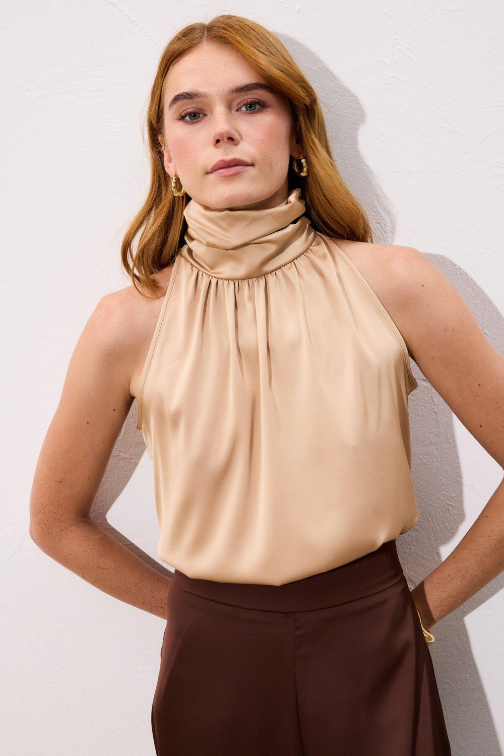 Wholesale Womens Beige Sleeveless Mock-Neck Blouse