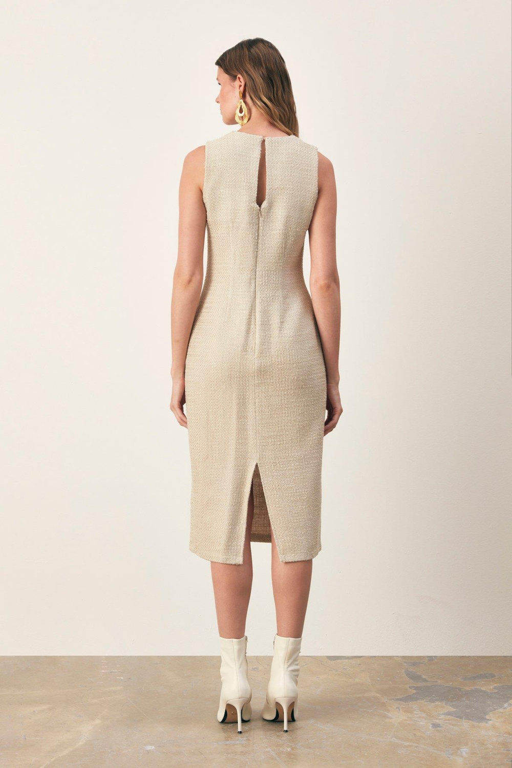 Wholesale Womens Beige Sleeveless Tweed Midi Dress