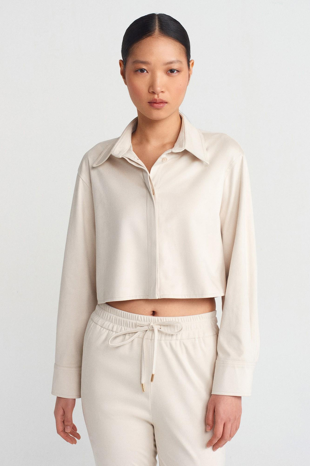 Wholesale Womens Beige Suede Crop Shirt