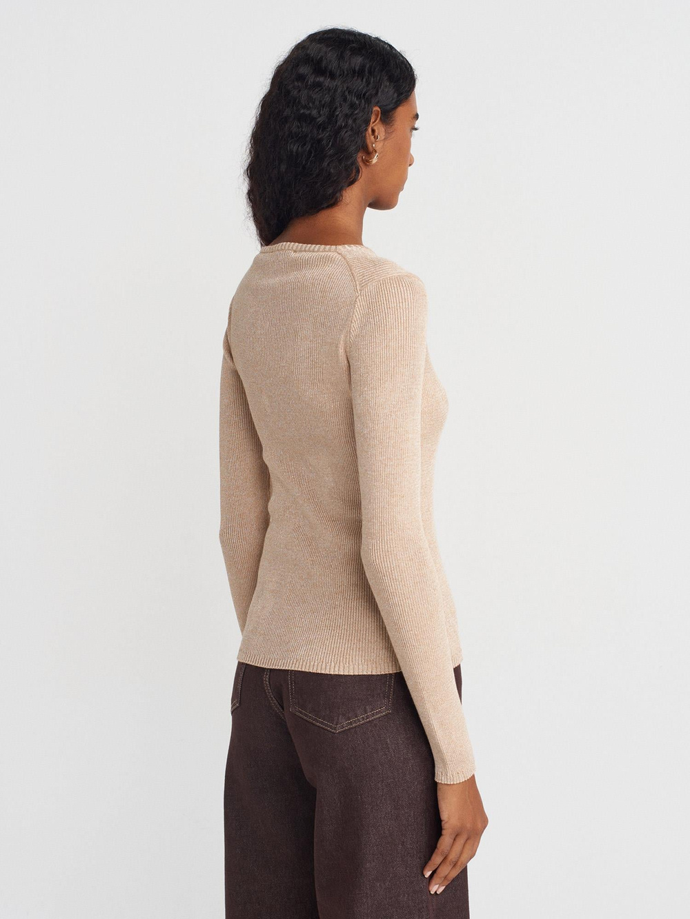 Wholesale Womens Beige V-Neck Lurex Knit Sweater