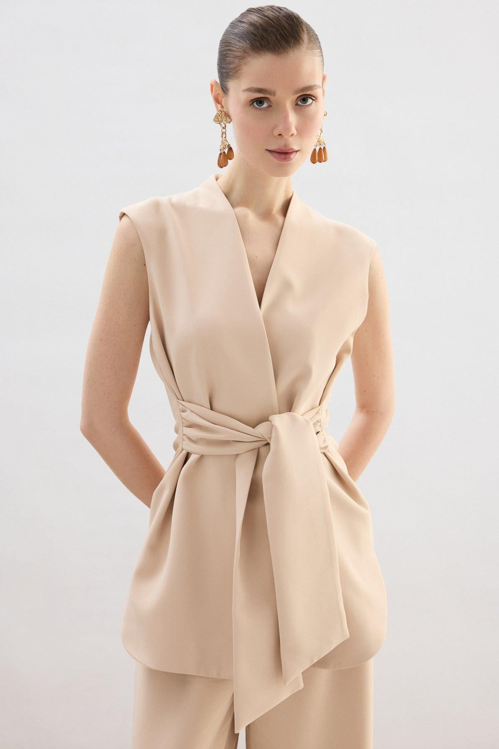 Wholesale Womens Beige Waistcoat with Belt