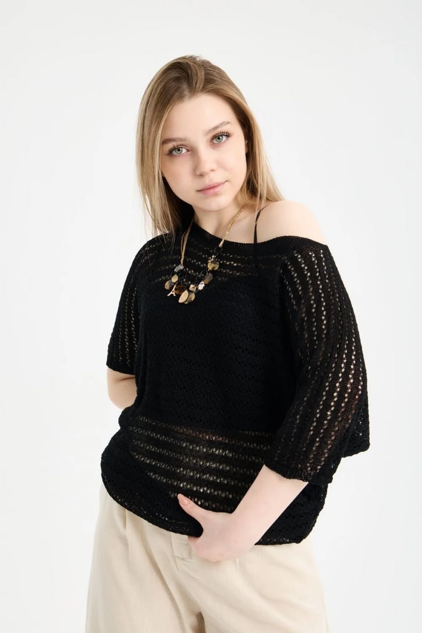 Wholesale Womens Black Boat Neck Mercerized Openwork Fine Knit Blouse