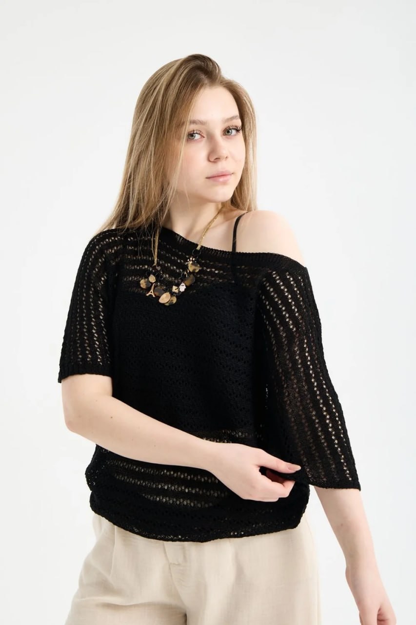 Wholesale Womens Black Boat Neck Mercerized Openwork Fine Knit Blouse