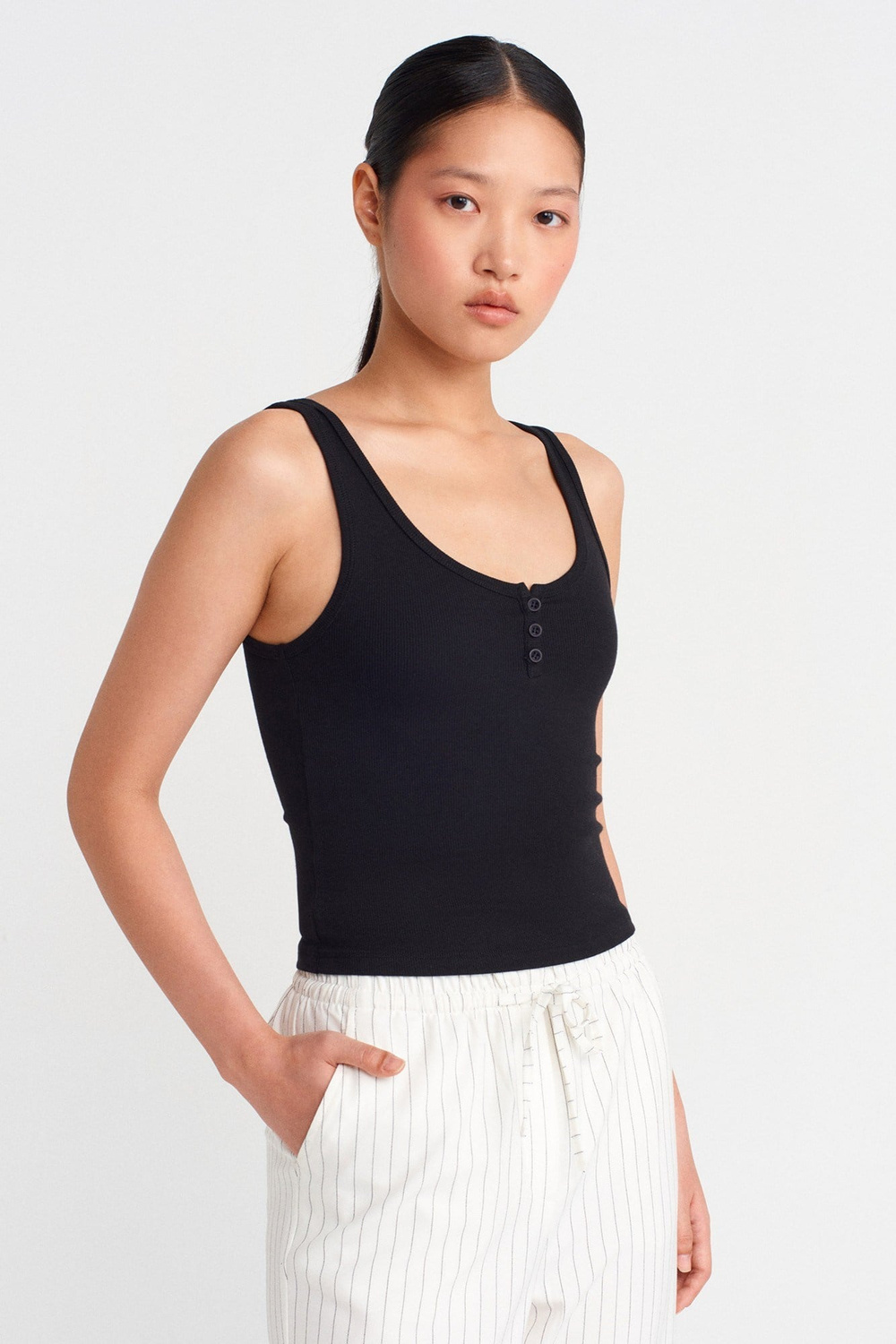 Wholesale Womens Black Button-Front Tank Top