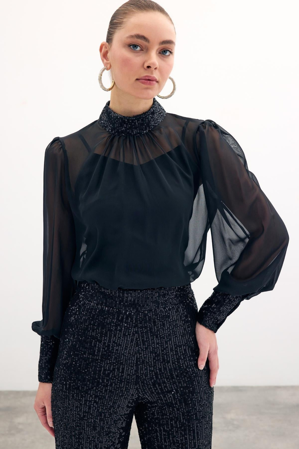 Wholesale Womens Black Chiffon Blouse with Sequin-Embellished Collar and Cuffs