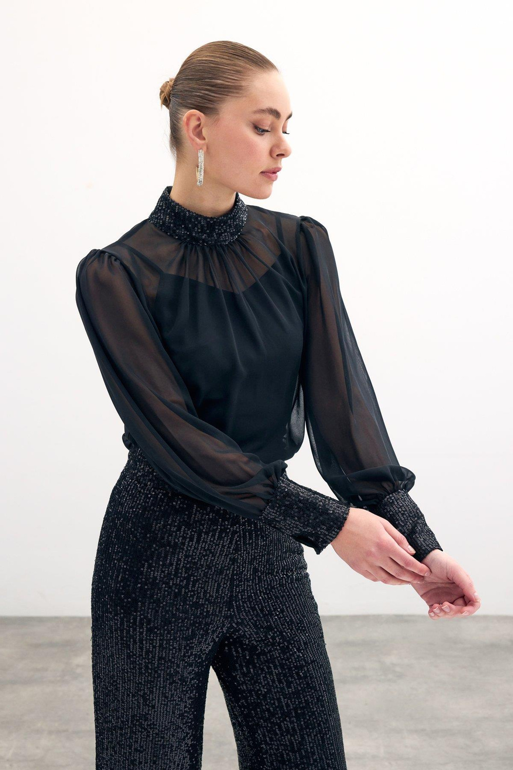 Wholesale Womens Black Chiffon Blouse with Sequin-Embellished Collar and Cuffs
