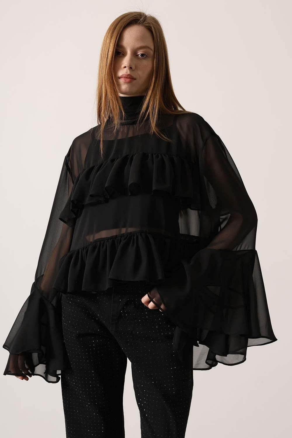 Wholesale Womens Black Chiffon Draped Long-Sleeve Blouse