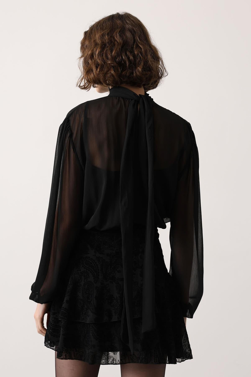 Wholesale Womens Black Chiffon Mini Dress with Tie-Neck