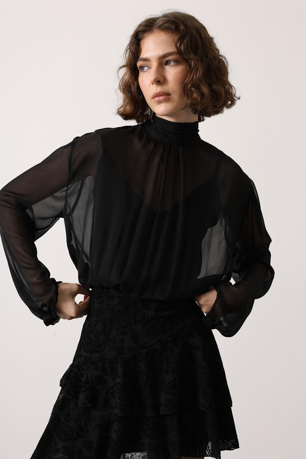 Wholesale Womens Black Chiffon Mini Dress with Tie-Neck