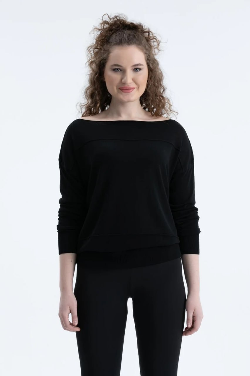 Wholesale Womens Black Fine Knit Sweater with Boat Neck and Drop Shoulders