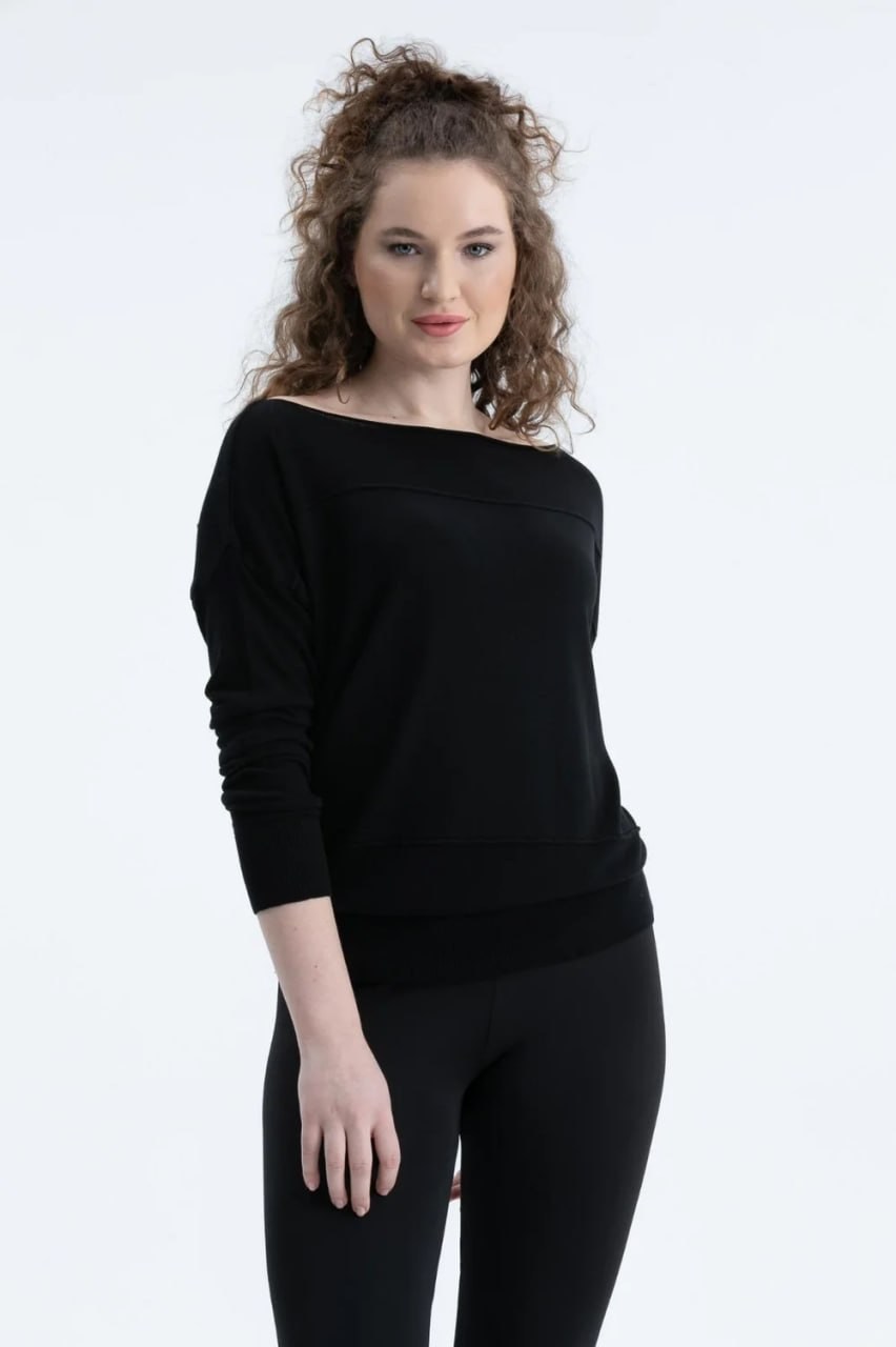 Wholesale Womens Black Fine Knit Sweater with Boat Neck and Drop Shoulders